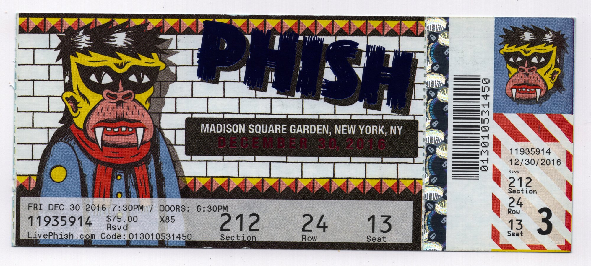 Ticket for 2016-12-30 at Madison Square Garden