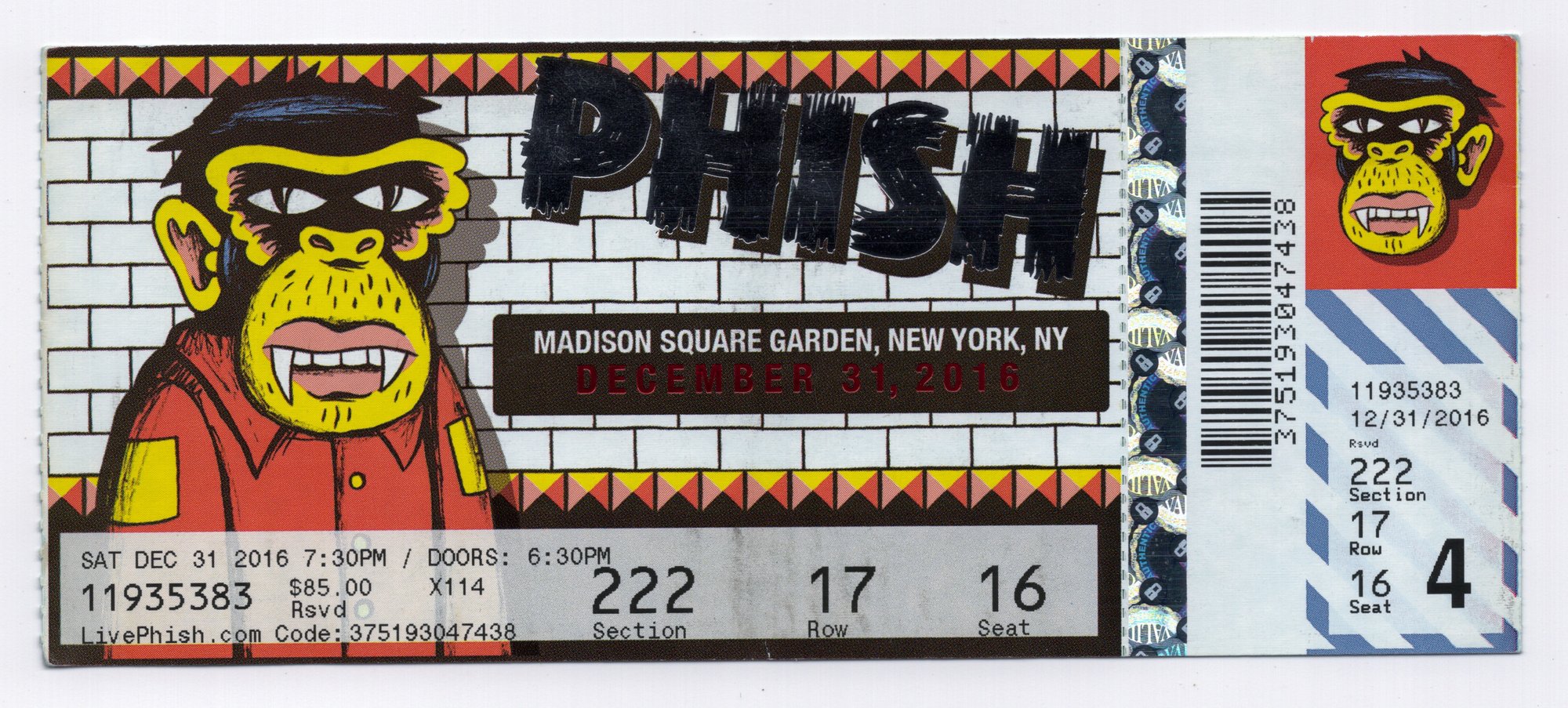 Ticket for 2016-12-31 at Madison Square Garden