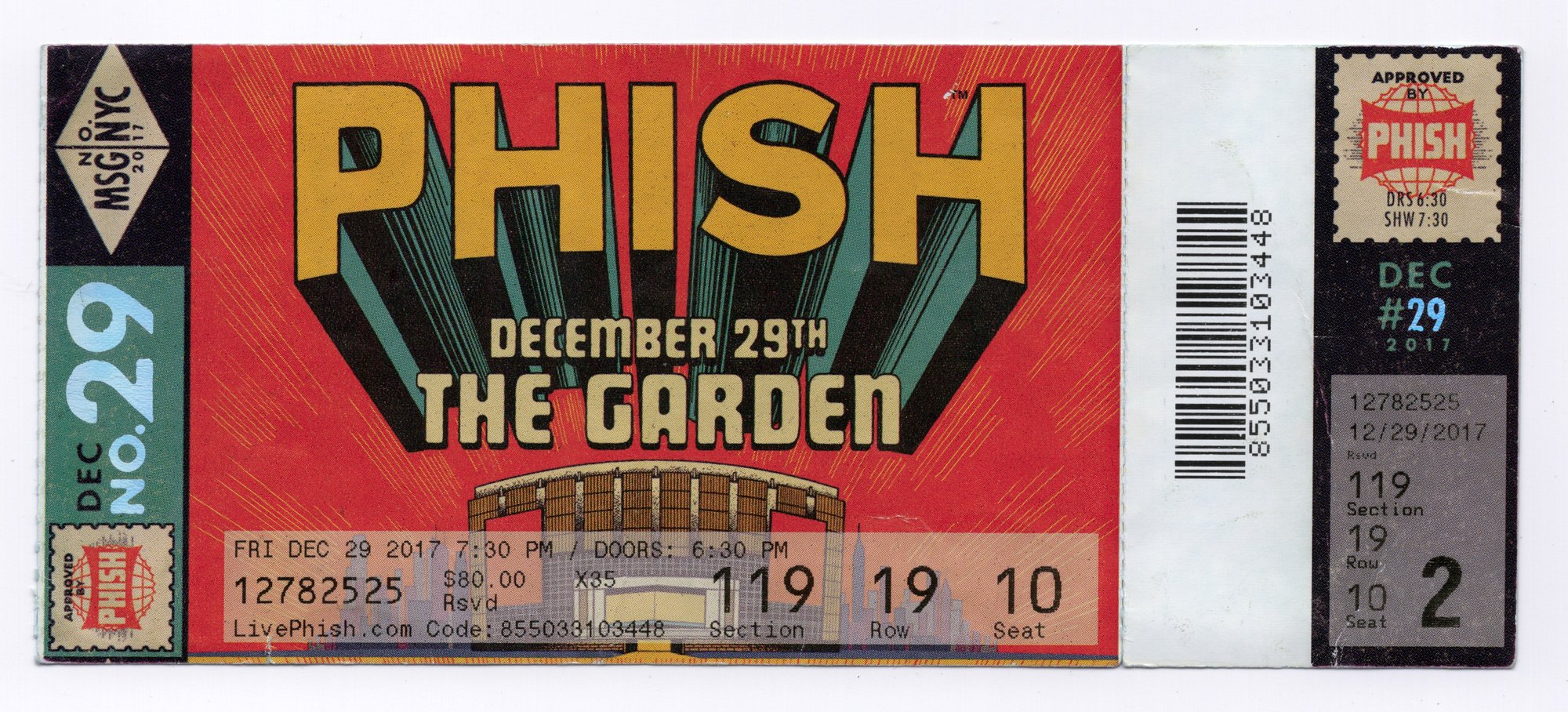 Ticket for 2017-12-29 at Madison Square Garden