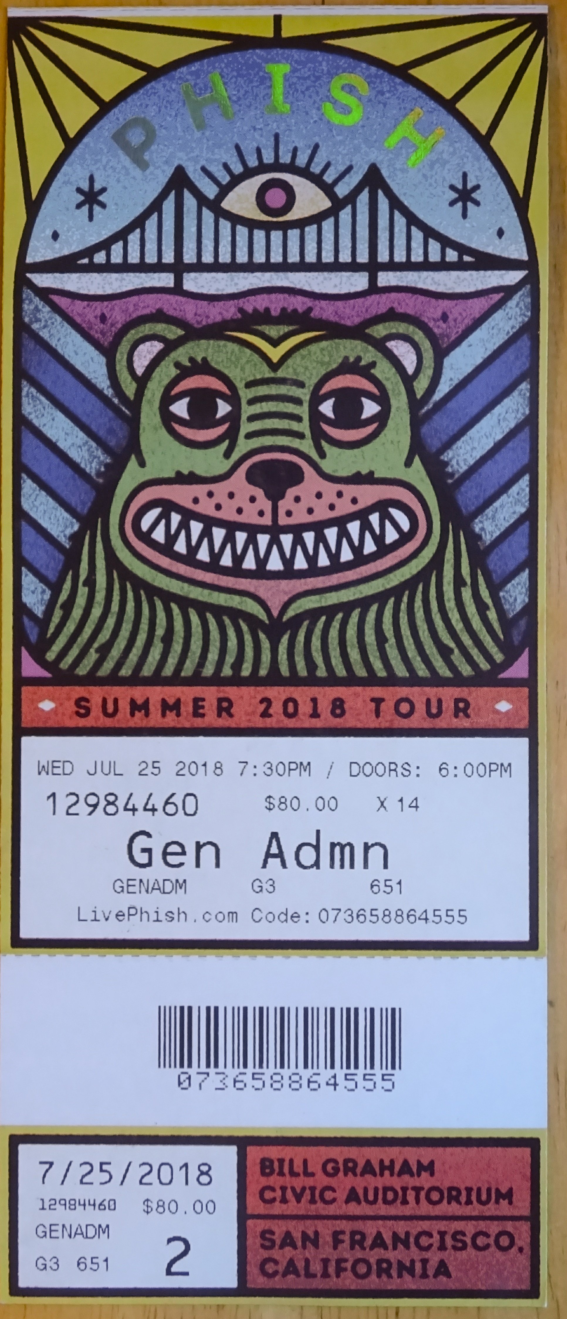 Ticket for 2018-07-25 at Bill Graham Civic Auditorium