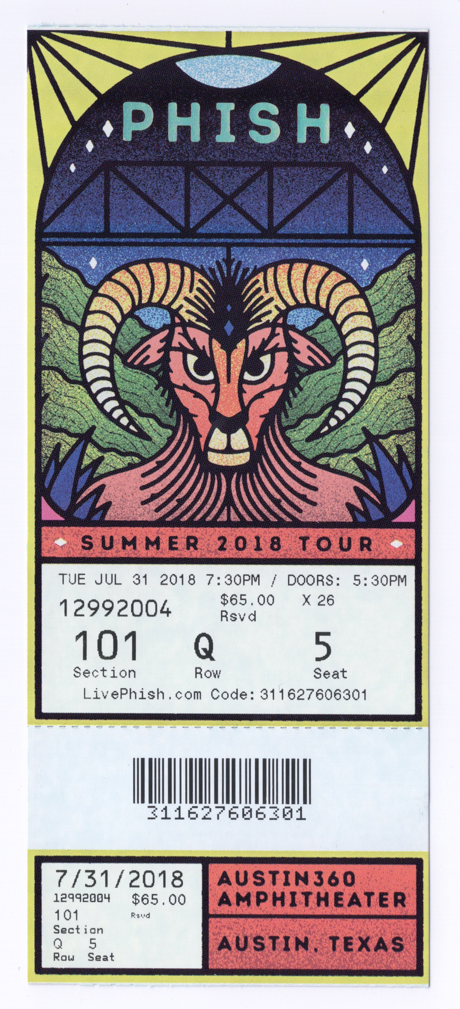 Ticket for 2018-07-31 at Austin360 Amphitheater